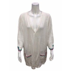 Susan Graver Cotton Rayon Sweater Cardigan w/ Crochet Trim White Large Size